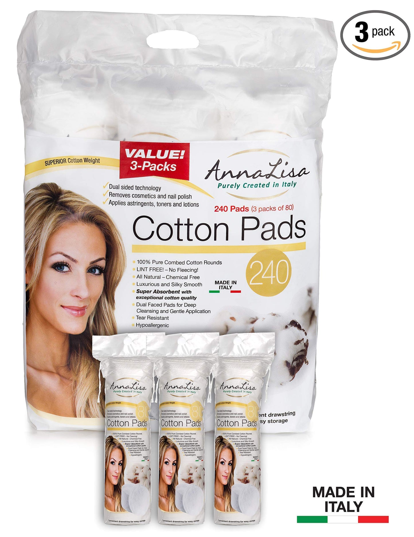 AnnaLisa 100% Pure Combed Cotton Rounds 3 Packs of 80 Hypoallergenic & Absorbing Cotton Pads for Face/Makeup/Nail Polish Removal |240-Piece Italian Round Facial Cleansing|