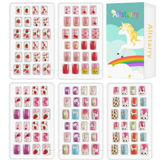 Allstarry 120pcs 5 pack Children Nails Press on Pre-glue Full Cover Glitter Gradient Color Rainbow Short False Nail Kits Lovely Gift for Children Little Girls Nail Art Decoration -Bunny Party