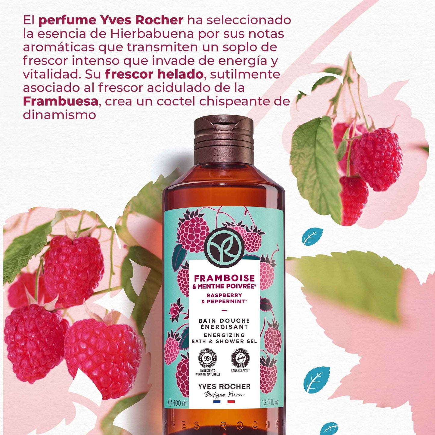 Yves Rocher Raspberry and Peppermint Energizing Bath and Shower Body Gel - 400 ml. / 13.5 fl.oz.