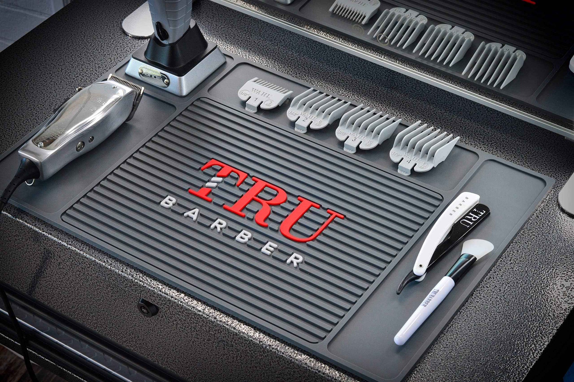 TRU BARBER Organizer Mat 18" X 13" (Charcoal Grey) Flexible PVC Station Mat, Salon Barbershop Work Station Pad, Anti-Slip