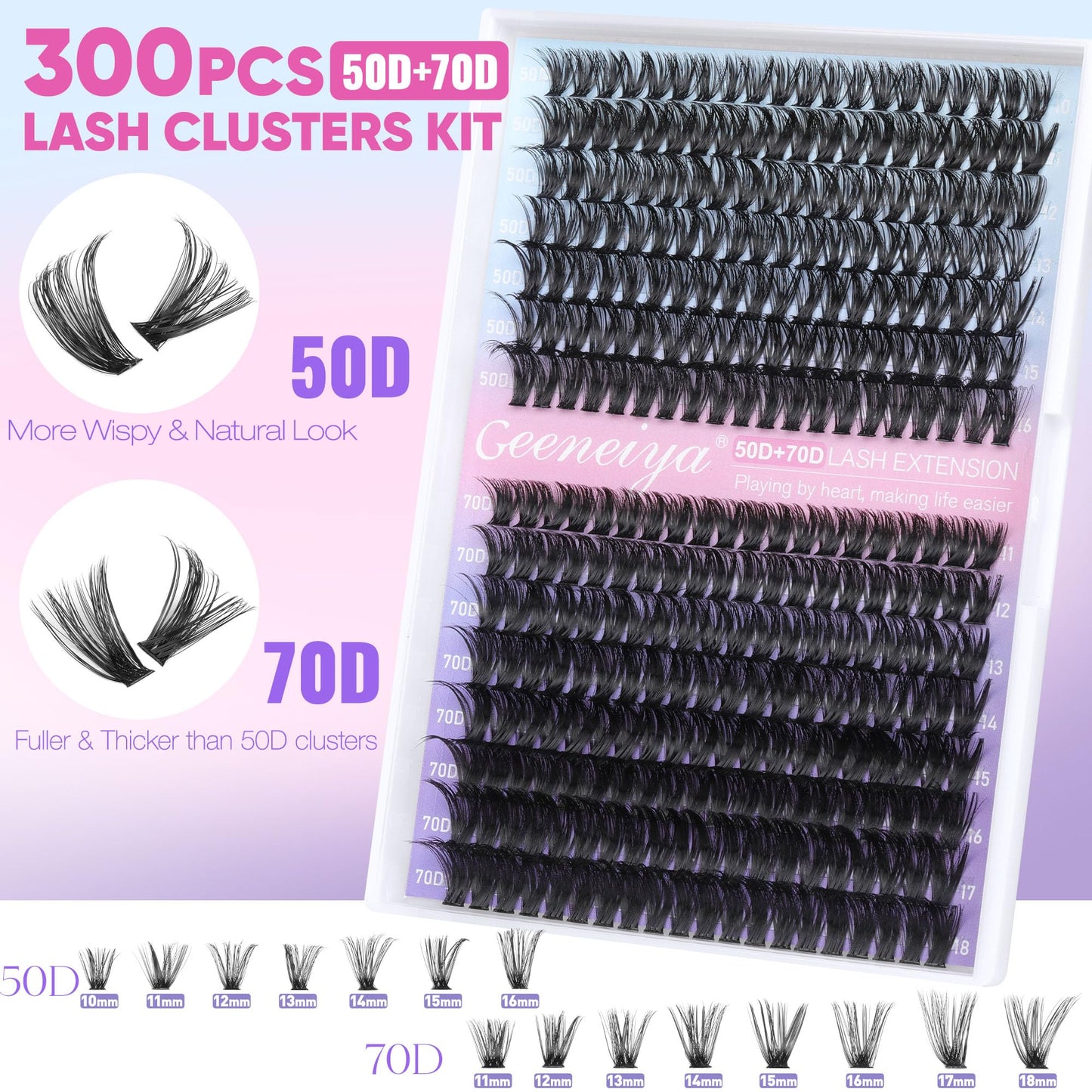 Geeneiya 50D+70D Lash Clusters Kit Wispy Lash Extension Kit 10-18mm Cluster Eyelash Extension Kit Natural Individual Lashes with Waterproof Lash Bond and Seal Glue, Lash Tweezers (10-18mm, 300Pcs)