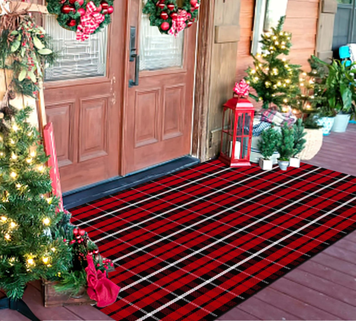 Christmas Checkered Outdoor Rugs 3' x 5'Red Black Buffalo Plaid Front Porch Rug Hand-Woven Machine Washable Indoor/Outdoor Layered Door Mats for Entryway/Bedroom/Outdoor