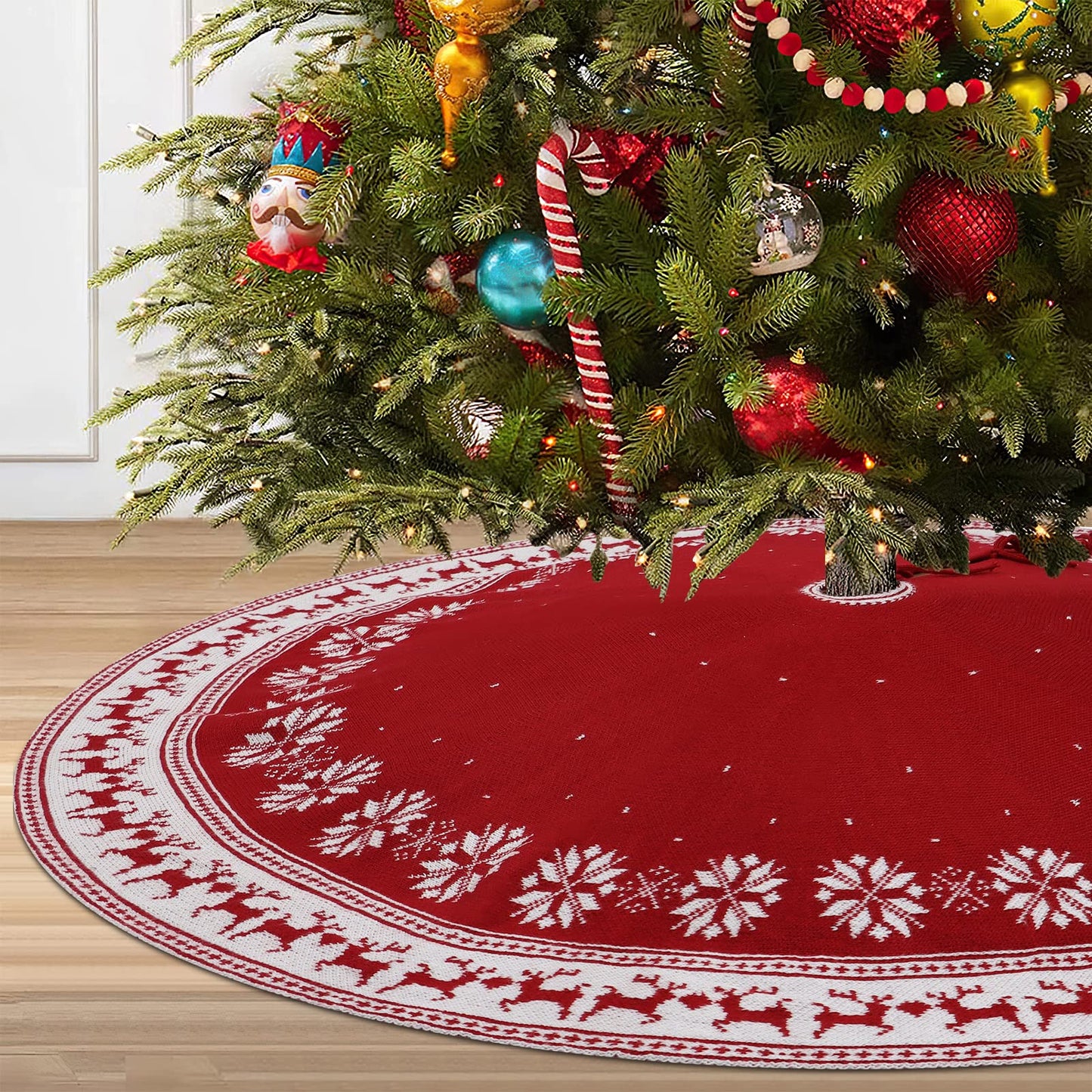 Dremisland Christmas Tree Skirt Rustic Christmas Tree Mat with Snowflake Reindeer Red Knitted Xmas Tree Skirts Thick Knitted Xmas Holiday Decoration New Year Home Party Decorations (Red, 36inch/90cm)