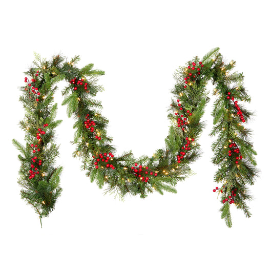 National Tree Company Pre-Lit 'Feel Real' Artificial Christmas Garland, Green, Classical, White Lights, Decorated With Berry Clusters, Plug In, Christmas Collection, 9 Feet