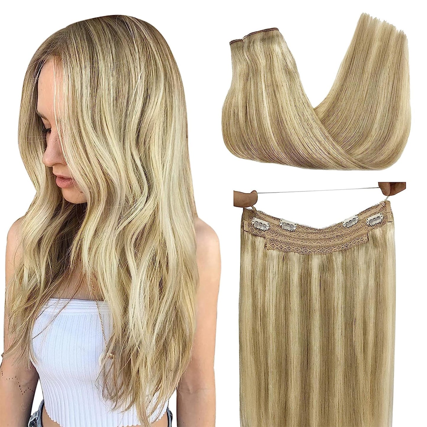 GOO GOO Wire Hair Extensions Real Human Hair, 14inch 75g Light Blonde Highlighted Blonde, Invisible Wire Hair Extensions with Transparent, Seamless Fish Line Hairpiece, Straight Remy Hair Extensions