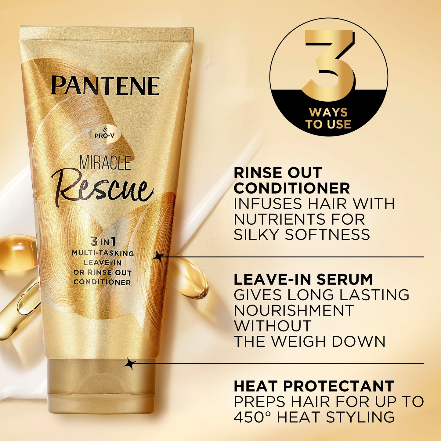 Pantene Miracle Rescue 3 in 1 Leave In Conditioner, Rinse off Conditioner, Heat Protectant for Hair, Detangler, Anti Frizz, Moisturizing, For All Hair Types, Safe for Color Treated Hair, 6.0 fl oz