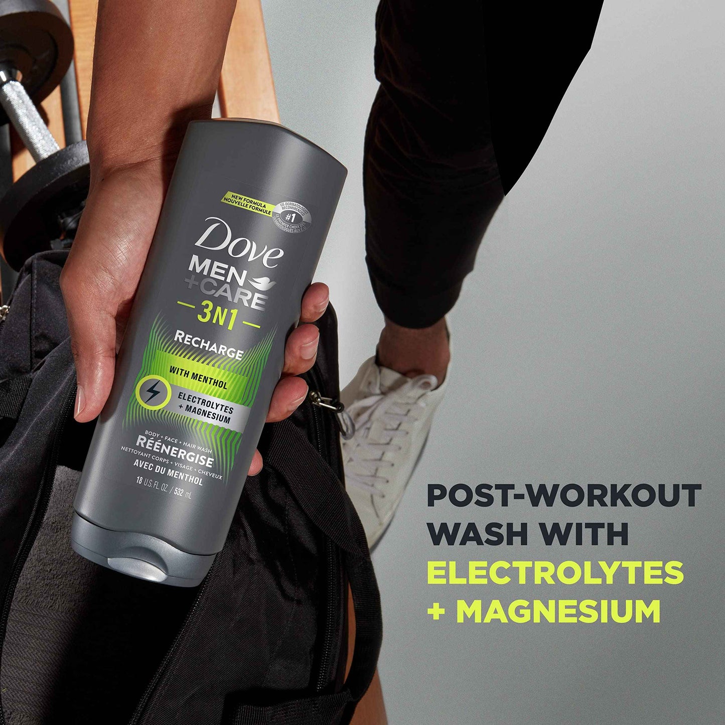 DOVE MEN + CARE Post-Workout Body Wash 3N1 Recharge 4 Count For Men With Menthol, 18 oz