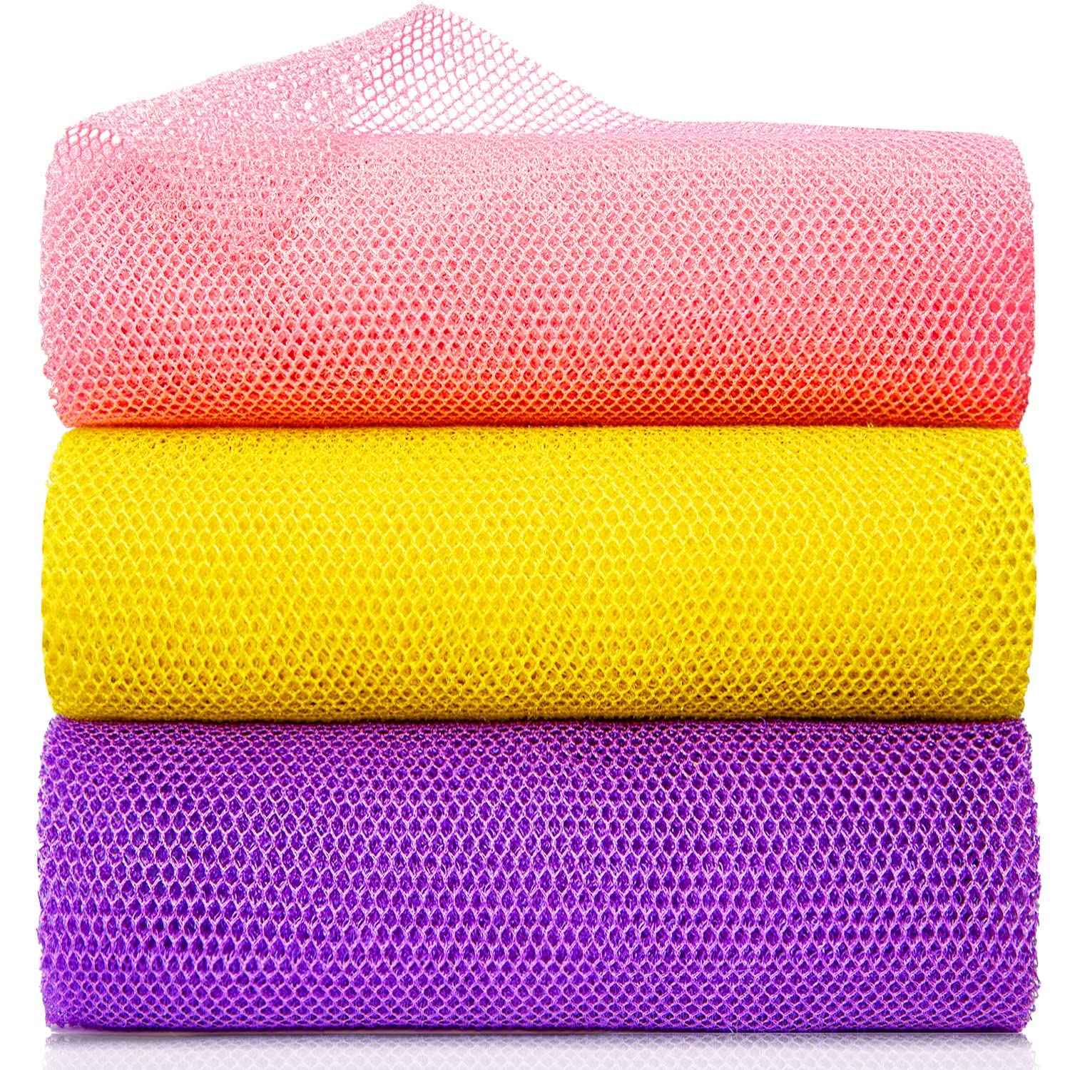 GIGULES, 3 Pieces African Net Bath Sponge African Exfoliating African Scrubbing Long Net Rag African Wash Net Shower Body Scrubber, Yellow Pink Purple