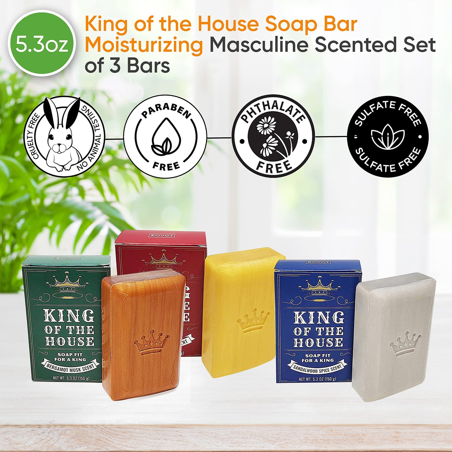 Kovot King of the House Soap Bar Gift Set – 5.3oz Moisturizing Masculine Scented Set of 3 Bars – Shaped like a Gold, Silver & Wood Bar