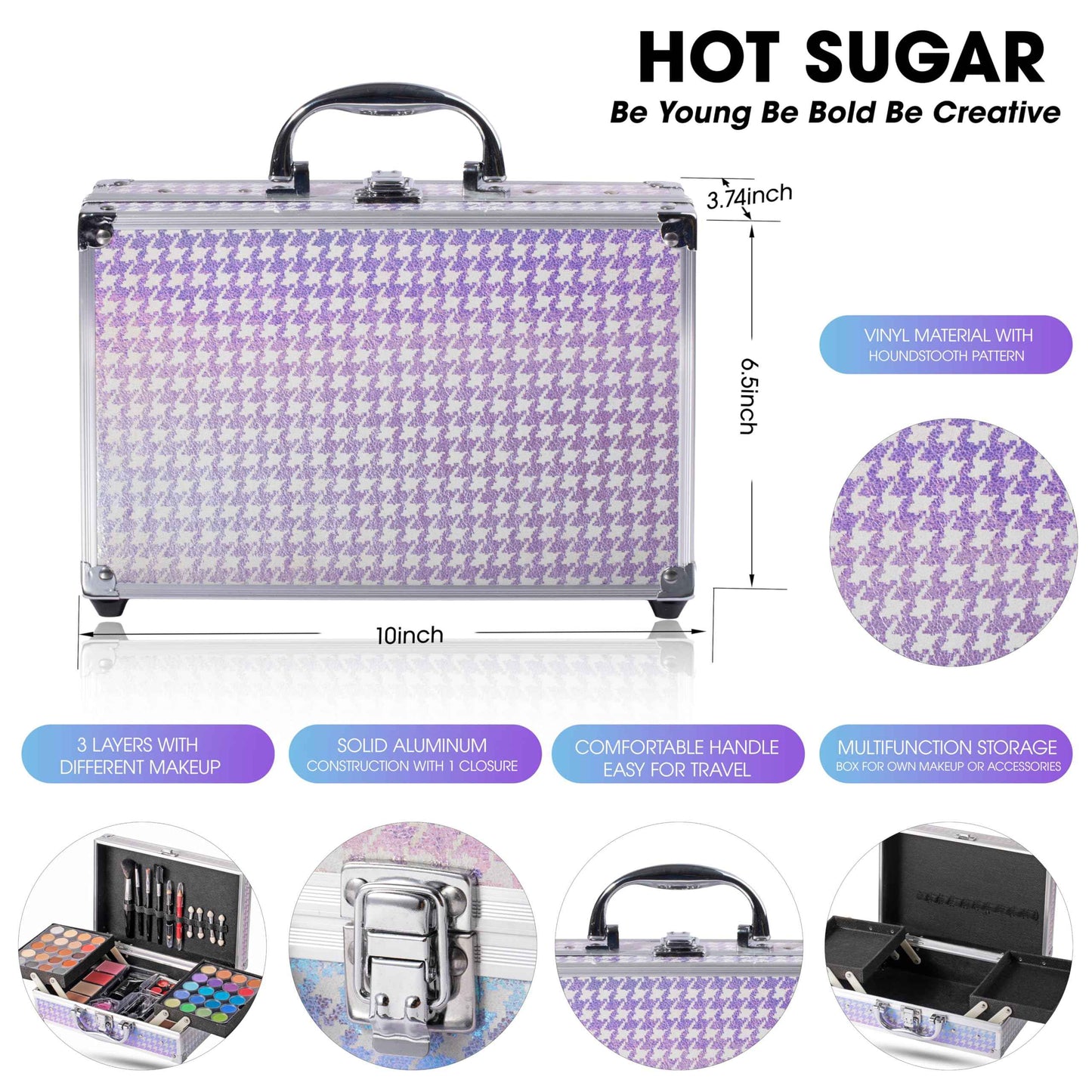Hot Sugar Makeup Kit for Girls 10-12, Girls Makeup Set Ages 8-12, 14-16 With Aluminum Makeup Case (Purple Houndstooth)