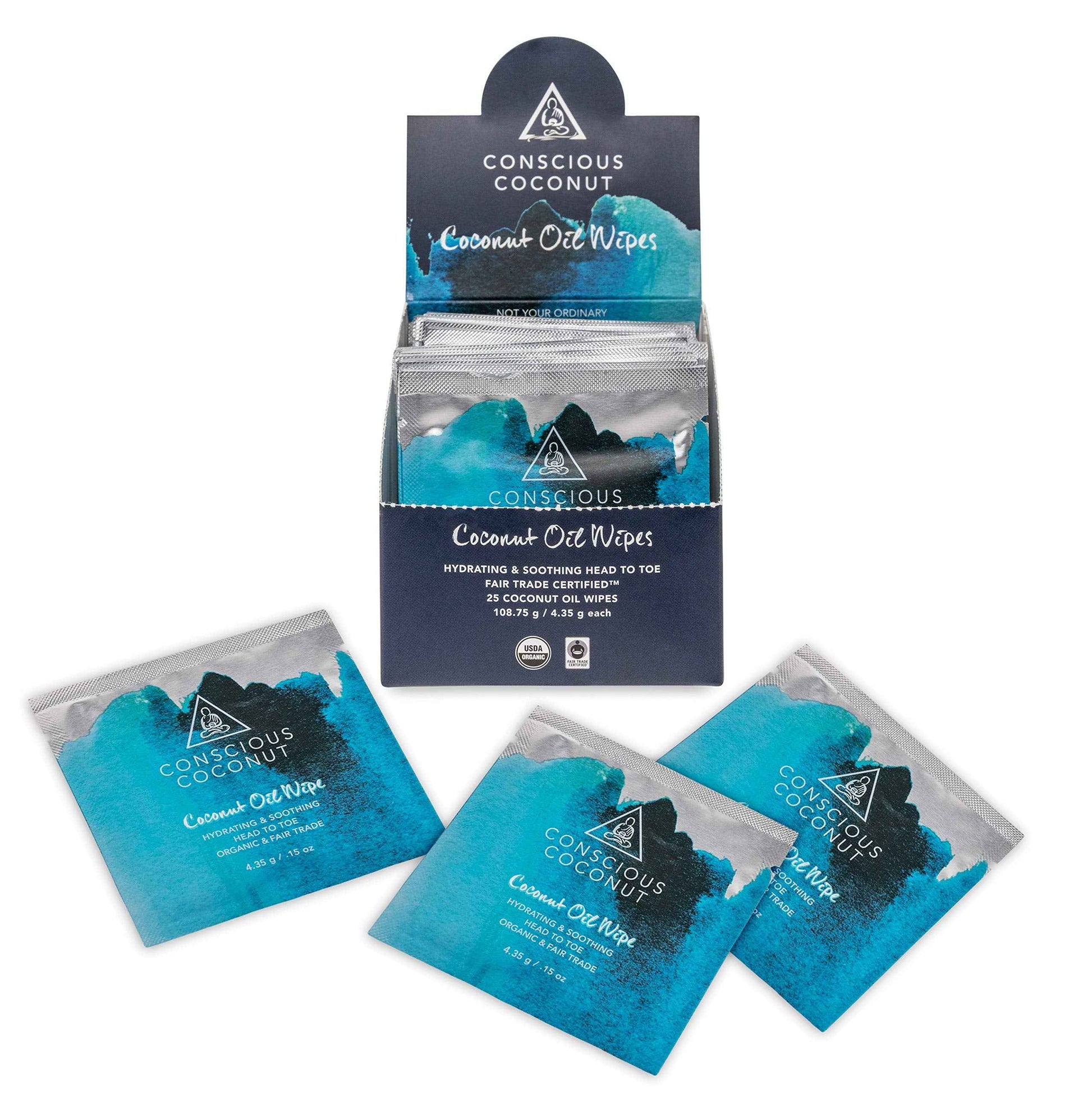 Conscious Coconut Individual Coconut Oil Wipes - For Face and Body - Soothing, Moisturizing, Sunburns, Makeup Remover, Cold-Pressed, Virgin Coconut Oil (25 Count)