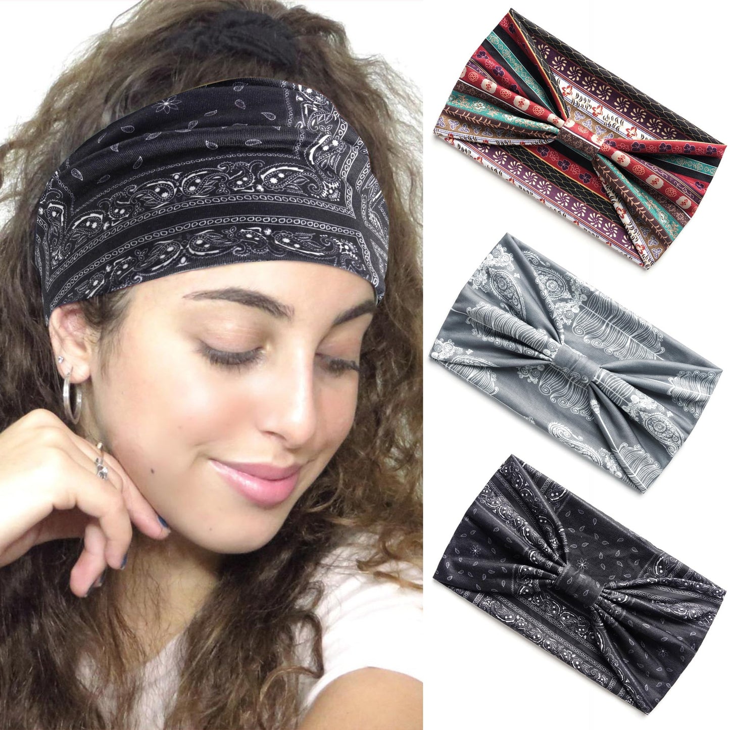 STGDAK Boho Headbands For Women Fashion Stretch Wide Hair Bands Knoted Turban African Style Head Bands Yoga Running Sweatband Elastic Headband Wrap Hair Accessories for Teen Girls 3 Pack