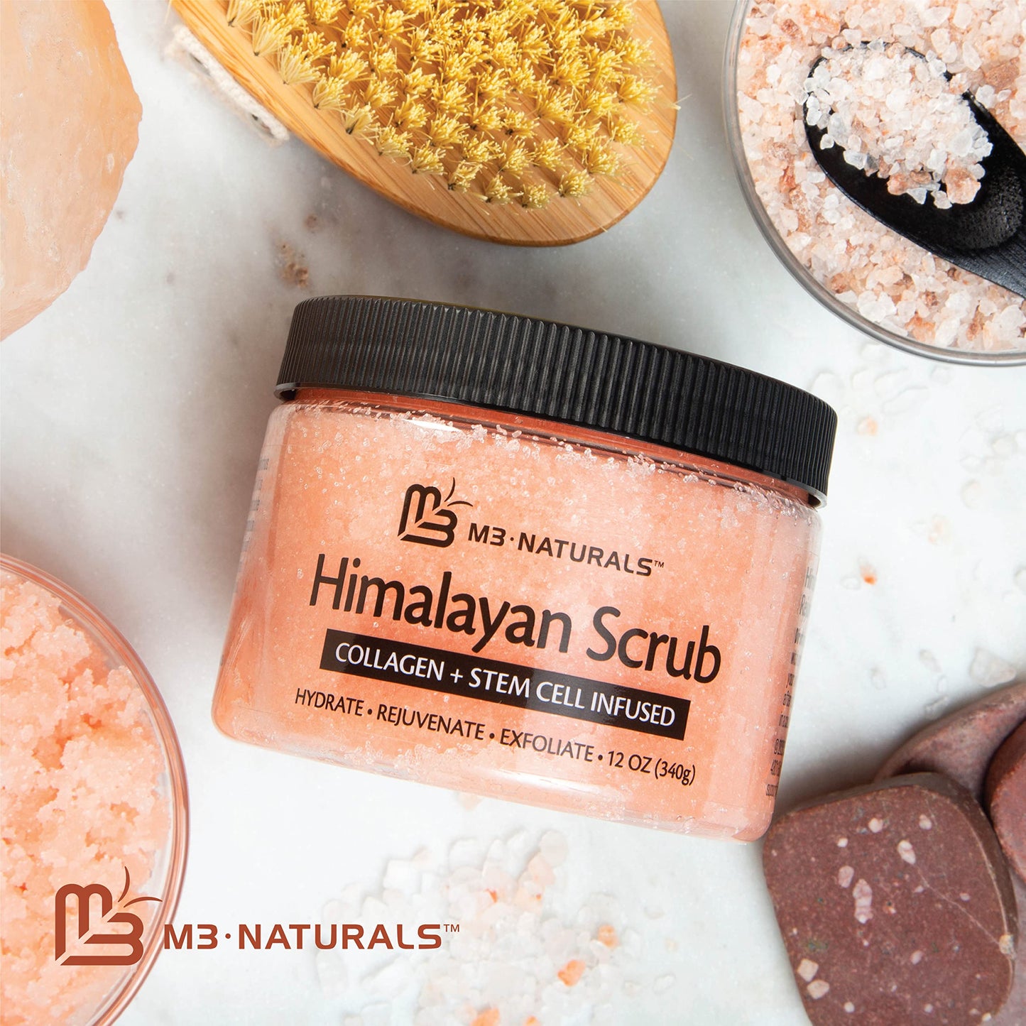 Himalayan Salt Scrub Face Foot & Body Exfoliator Infused with Collagen and Stem Cell Natural Exfoliating Salt Body Scrub for Toning Exfoliation Skin Cellulite Skin Care by M3 Naturals