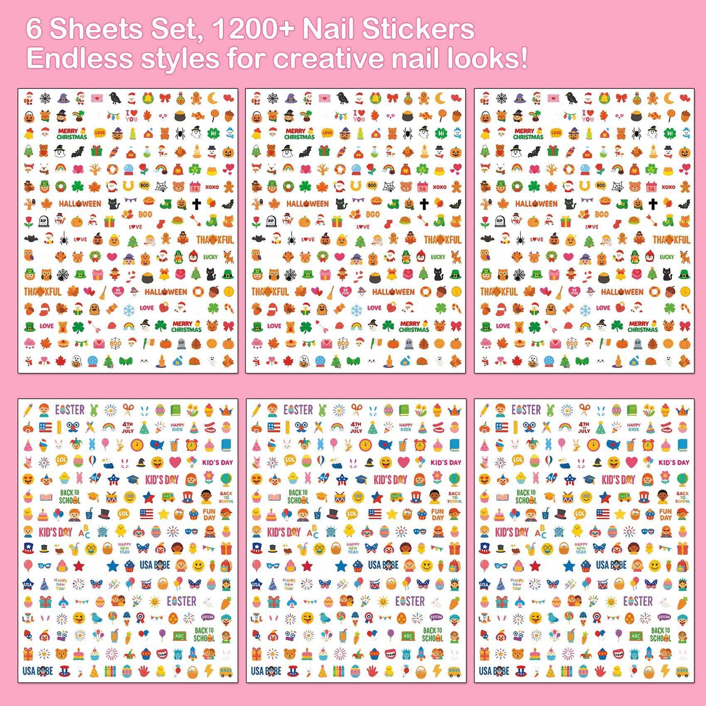 IDDFEVE Mini Nail Stickers for Kids - 1200 Pcs All Holiday Favors for Little Girl, 11 Holidays 3D Cute Halloween, Christmas Designs - DIY Home Nail Art Decals for Toddler Easter Basket (6 Sheets)