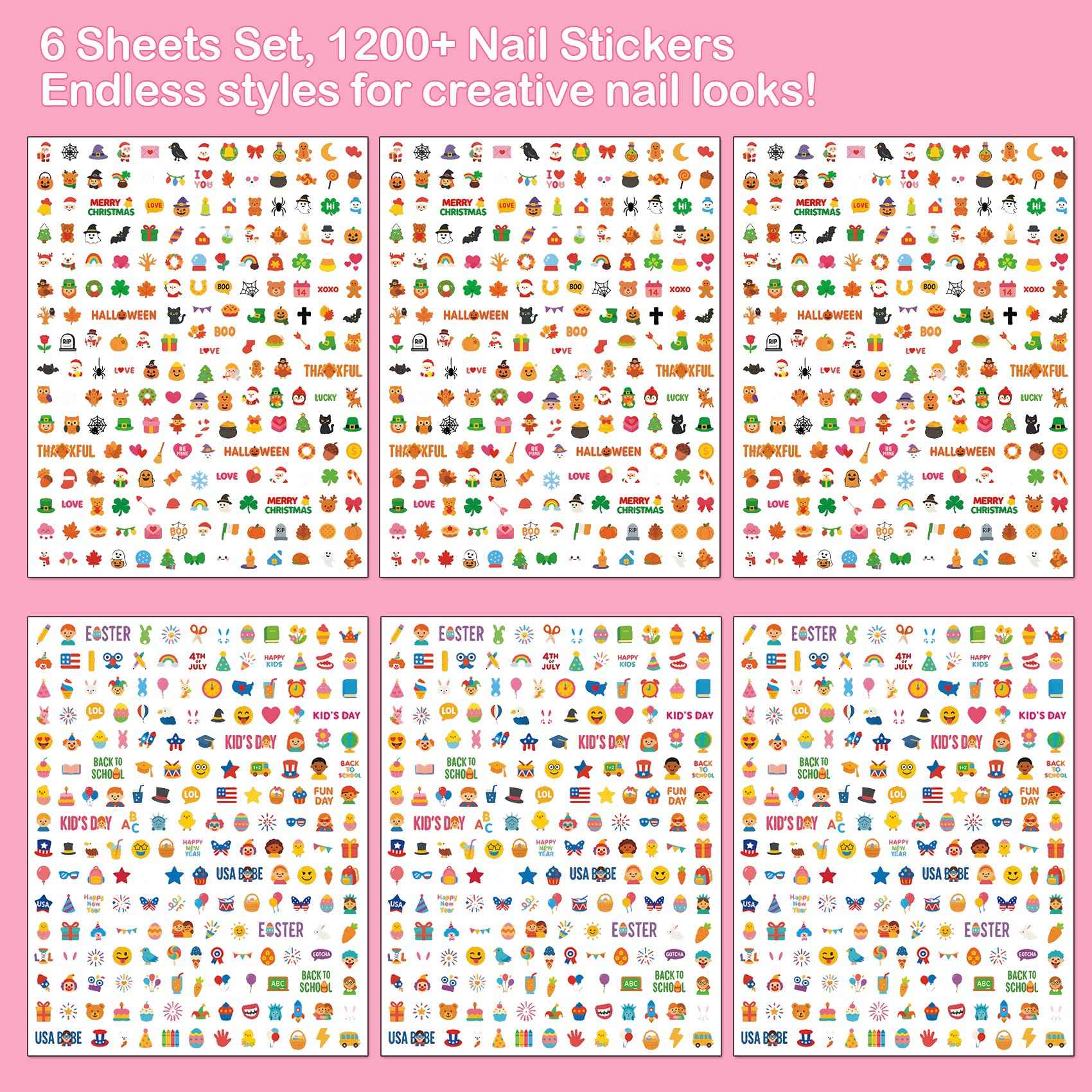 IDDFEVE Mini Nail Stickers for Kids - 1200 Pcs All Holiday Favors for Little Girl, 11 Holidays 3D Cute Halloween, Christmas Designs - DIY Home Nail Art Decals for Toddler Easter Basket (6 Sheets)