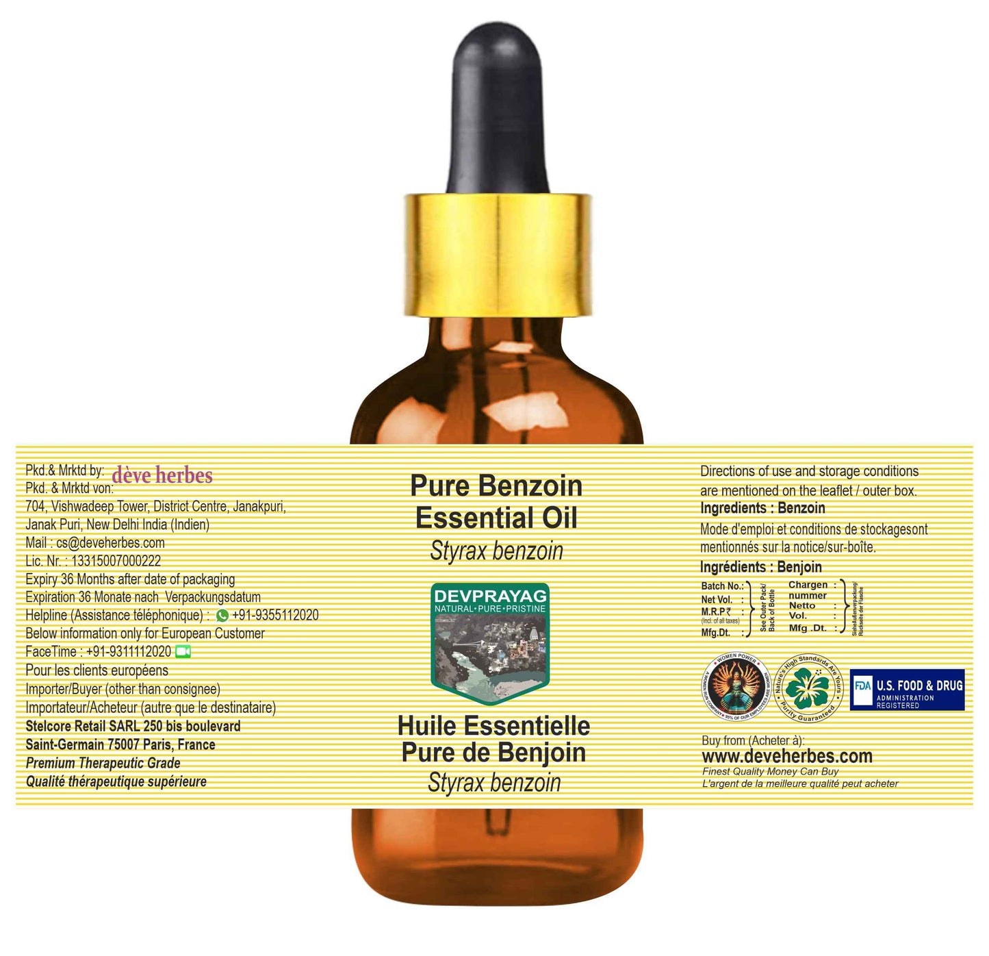 Devprayag Benzoin Essential Oil (Styrax Benzoin) with Glass Dropper | Pure | Viscous Texture | Unisex | All Skin Types | External Use | Natural Extract | Steam Distilled 100ml (3.38 oz)