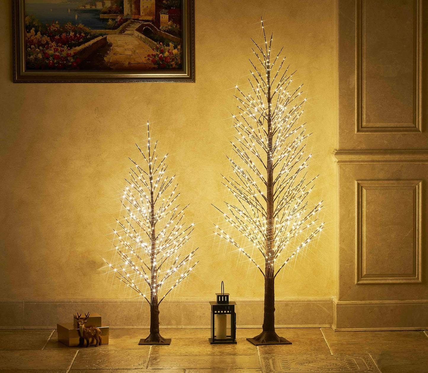 Hairui Lighted Brown Alpine Tree with 450L Warm White Fairy Lights 4FT, Brown Twig Tree with Lights for Indoor Outdoor Home Party Halloween Christmas Decoration