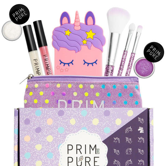 Prim and Pure Mineral Gift Set with Unicorn Mirror| Perfect for Play Dates & Birthday Parties | Kids Eyeshadow Makeup – Mineral | Organic & Natural Makeup Kit for Kids| Made in USA (Purple)