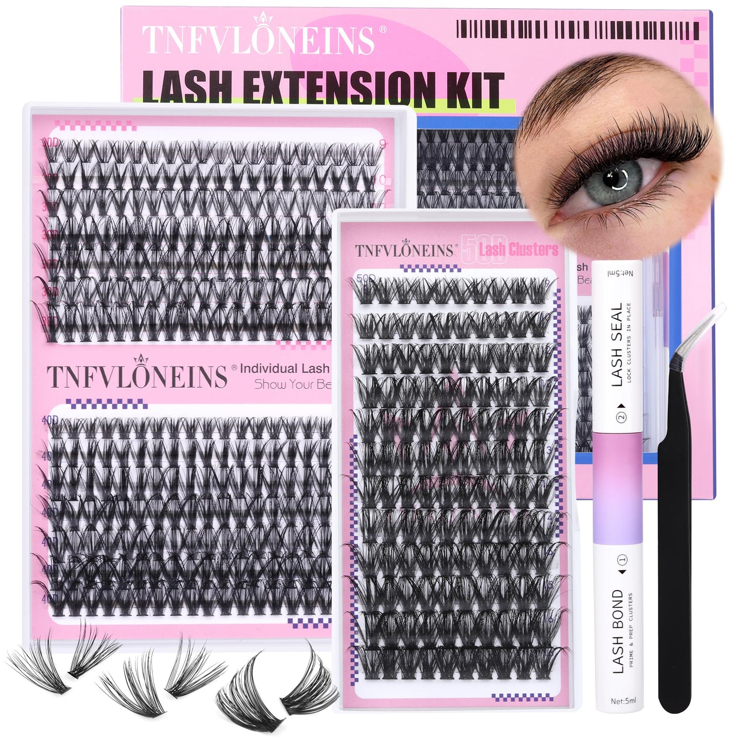 DIY Lash Extension Kit 400Pcs Cluster Lashes Kit 30D 40D 50D Individual Eyelash Extension Kit, Bond and Seal Lash Glue and Lash Clusters Applicator Tool for Eyelash Extensions(Kit-30D/40D/50D,9-16MIX)