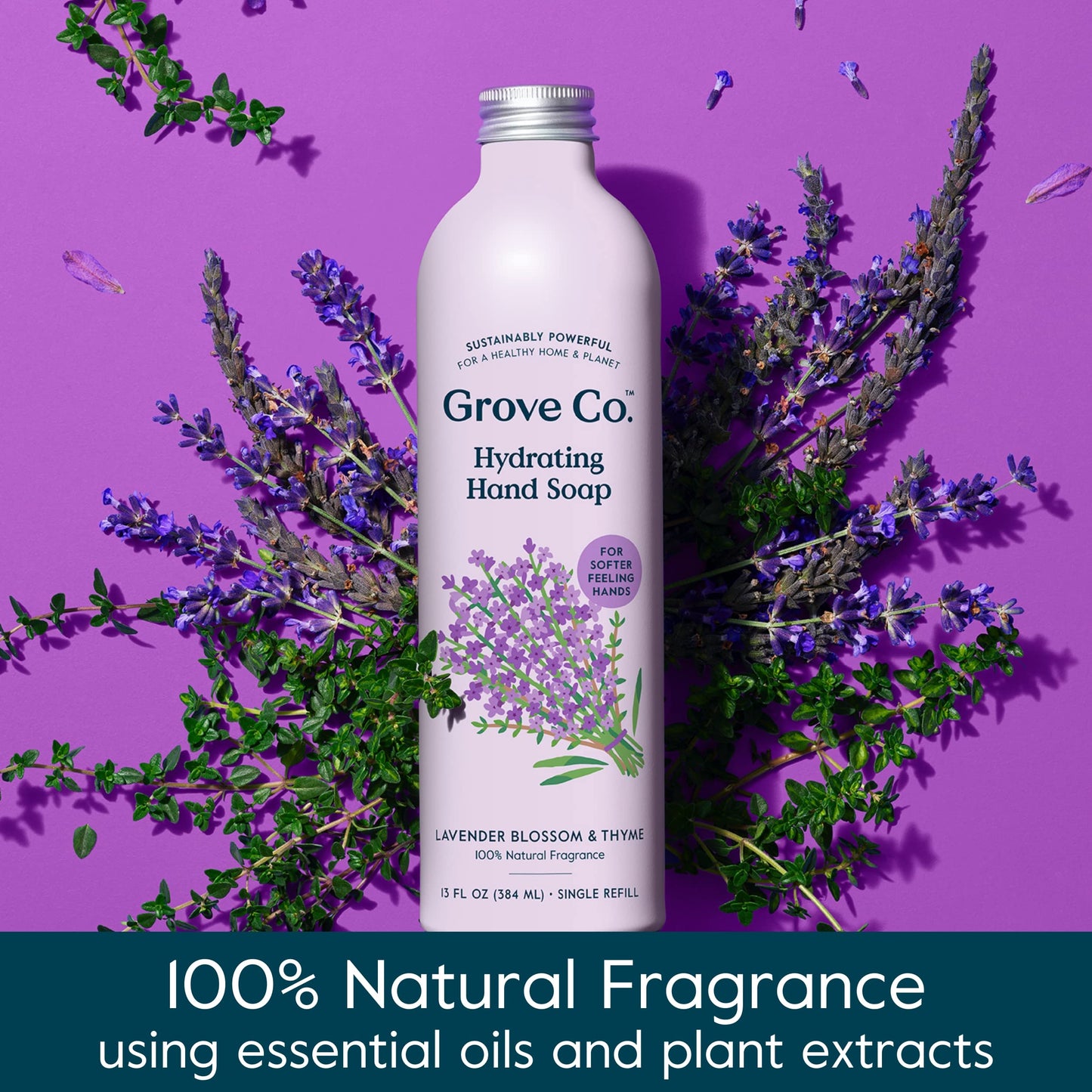 Grove Co. Hydrating Gel Hand Soap Refills (3 x 13 Fl Oz) Plastic-Free Liquid Hands Cleaner Refill Set, Leaves Hands Soft and Clean, 100% Natural Lavender Blossom & Thyme Fragrance