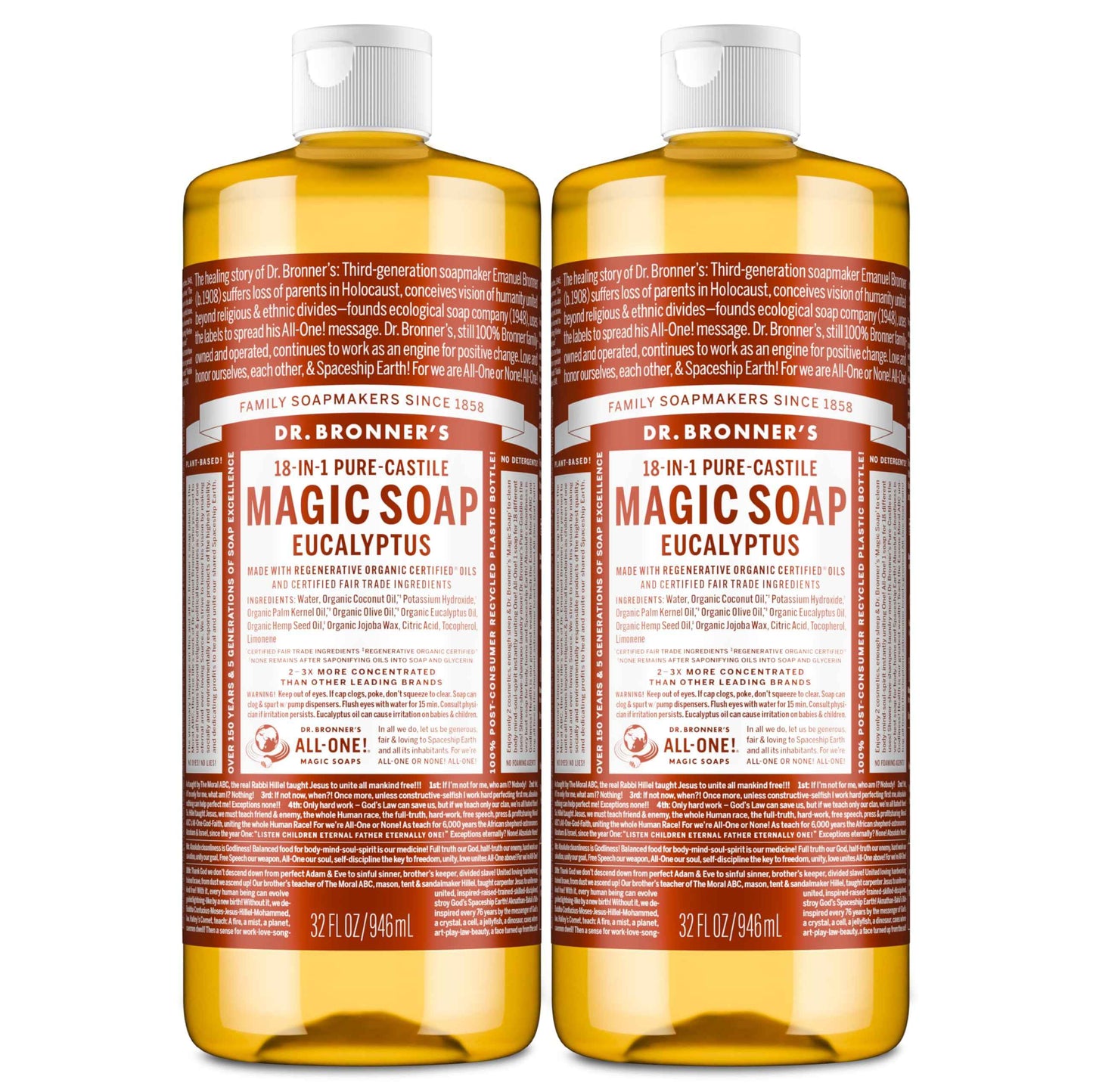 Dr. Bronner's Magic Soap - Pure-Castile Liquid Soap (Eucalyptus, 32 ounce, 2-Pack) -Regenerative Organic Certified Oils, 18-in-1 Uses: Body, Hair, Laundry, Pets & Dishes, Concentrated, Vegan, Non-GMO