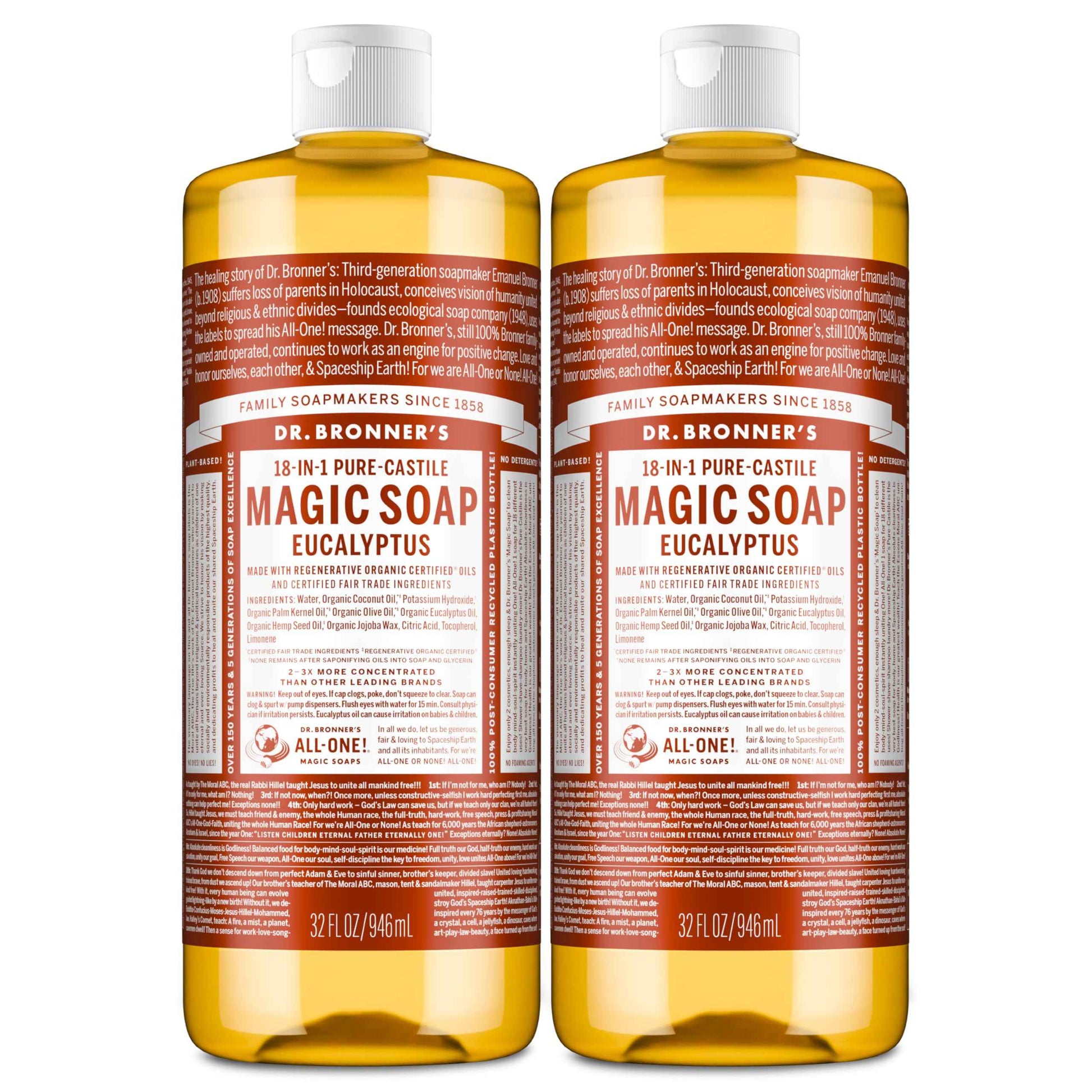 Dr. Bronner's Magic Soap - Pure-Castile Liquid Soap (Eucalyptus, 32 ounce, 2-Pack) -Regenerative Organic Certified Oils, 18-in-1 Uses: Body, Hair, Laundry, Pets & Dishes, Concentrated, Vegan, Non-GMO