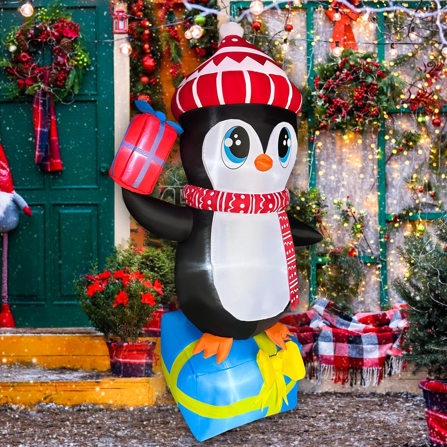 JOYEASE 5.5 FT Christmas Inflatables Penguin Standing in Gift Box Decorations LED Lighted Xmas Christmas Blow ups for Party Indoor Outdoor Garden Yard Decor