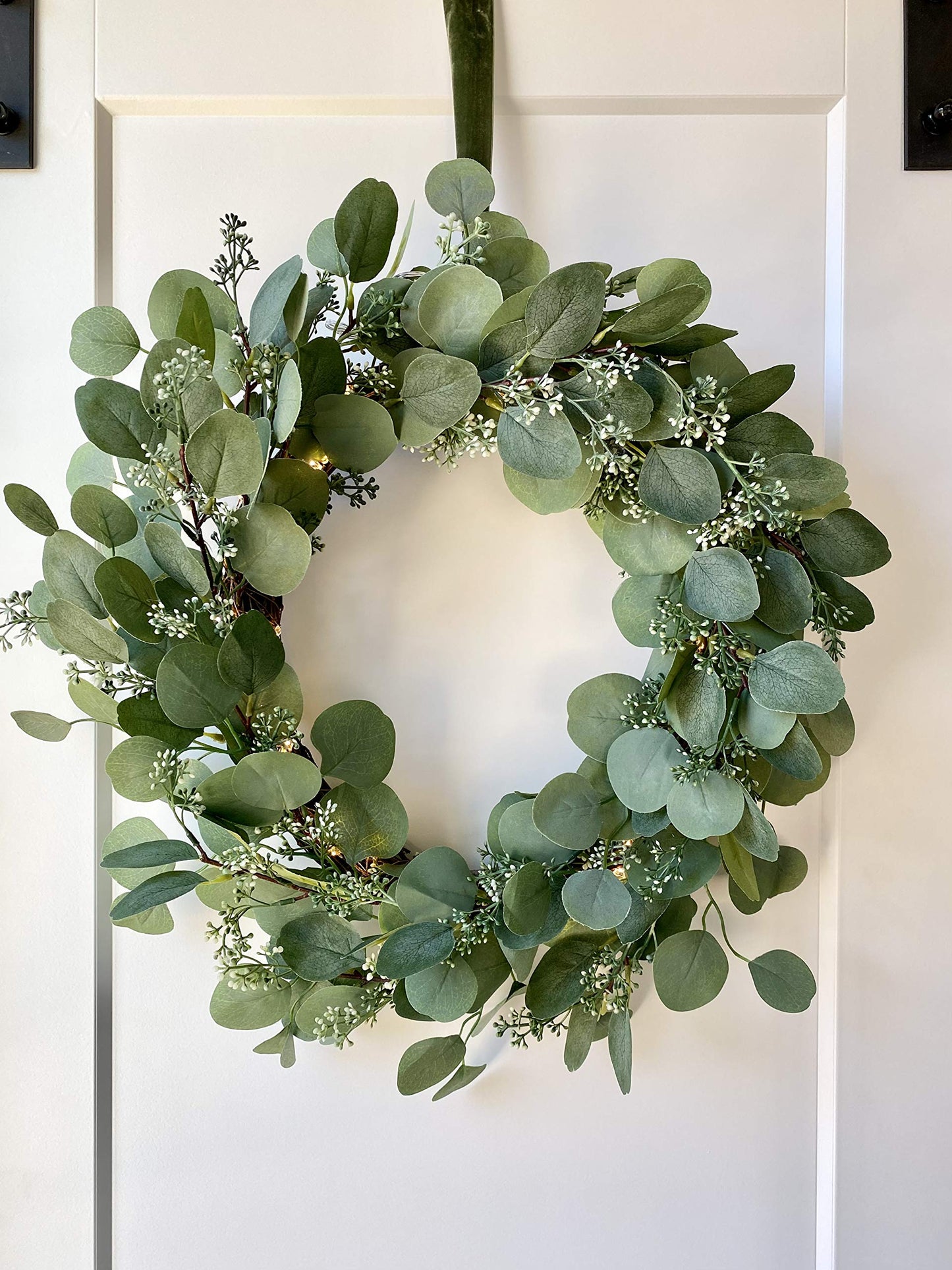 LampLust Eucalyptus Wreath for Front Door, 24 Inch Door Wreath with Lights, 80 LED Lights, Battery Operated, Timer Included, Christmas Wreaths, Farmhouse Wreath, Christmas Decorations Holiday Decor