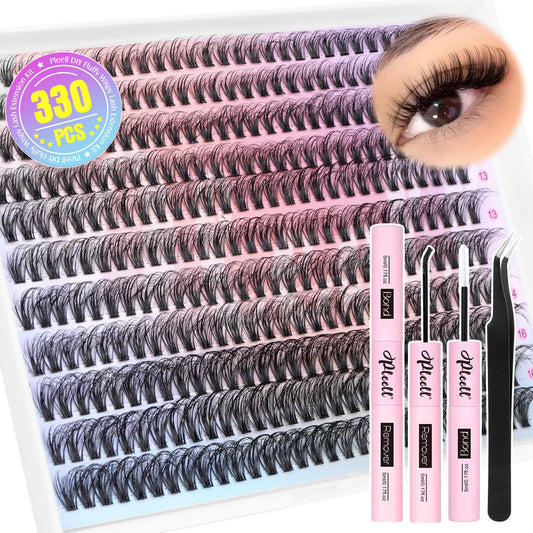 DIY Lash Extension Kit 330 Clusters Eyelash Extension Kit Fluffy Individual Lashes Natural Look with Lash Bond and Remover Lash Applicator 10-16MM Wispy False Eyelashes Clusters Kit by Pleell