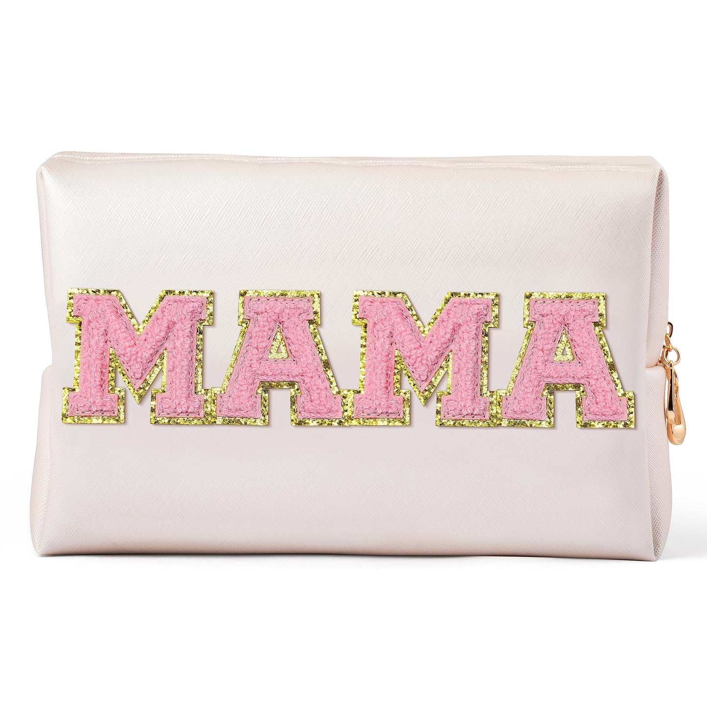 Y1tvei Preppy Patch Extra Large Mama Varsity Letter Makeup Bag Pink Chenille Letter PU Leather Waterproof Portable Cosmetic Toiletry Bag Zipper Organizer Mama to Be Mother's Day Birthday Gift for Mom