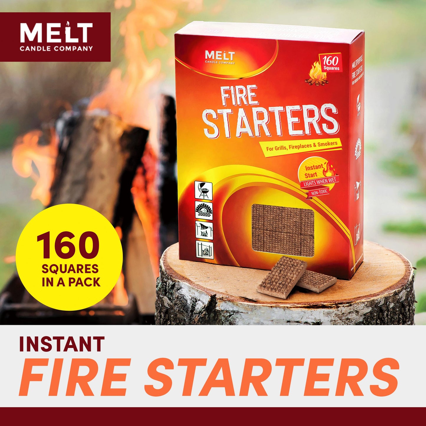 Fire Starter Squares, 160 pcs - Fire Starters for Campfires, Grill, Outdoor Fire Pit, Fireplace, BBQ - Fire Starter Kit, Water Resistant & Odorless - Camping Accessories