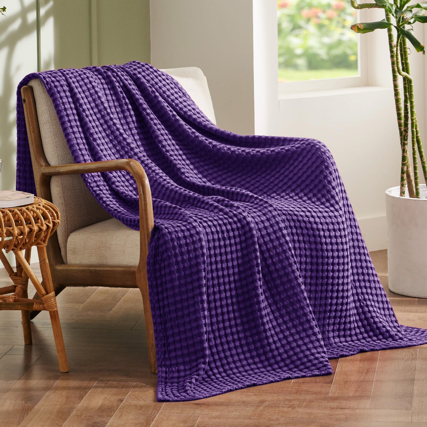 Bedsure Cooling Cotton Waffle Weave Throw Blanket - Lightweight Breathable Blanket of Rayon Derived from Bamboo for Hot Sleepers, Luxury Throws for Bed, Couch and Sofa, Purple, 50x70 Inches