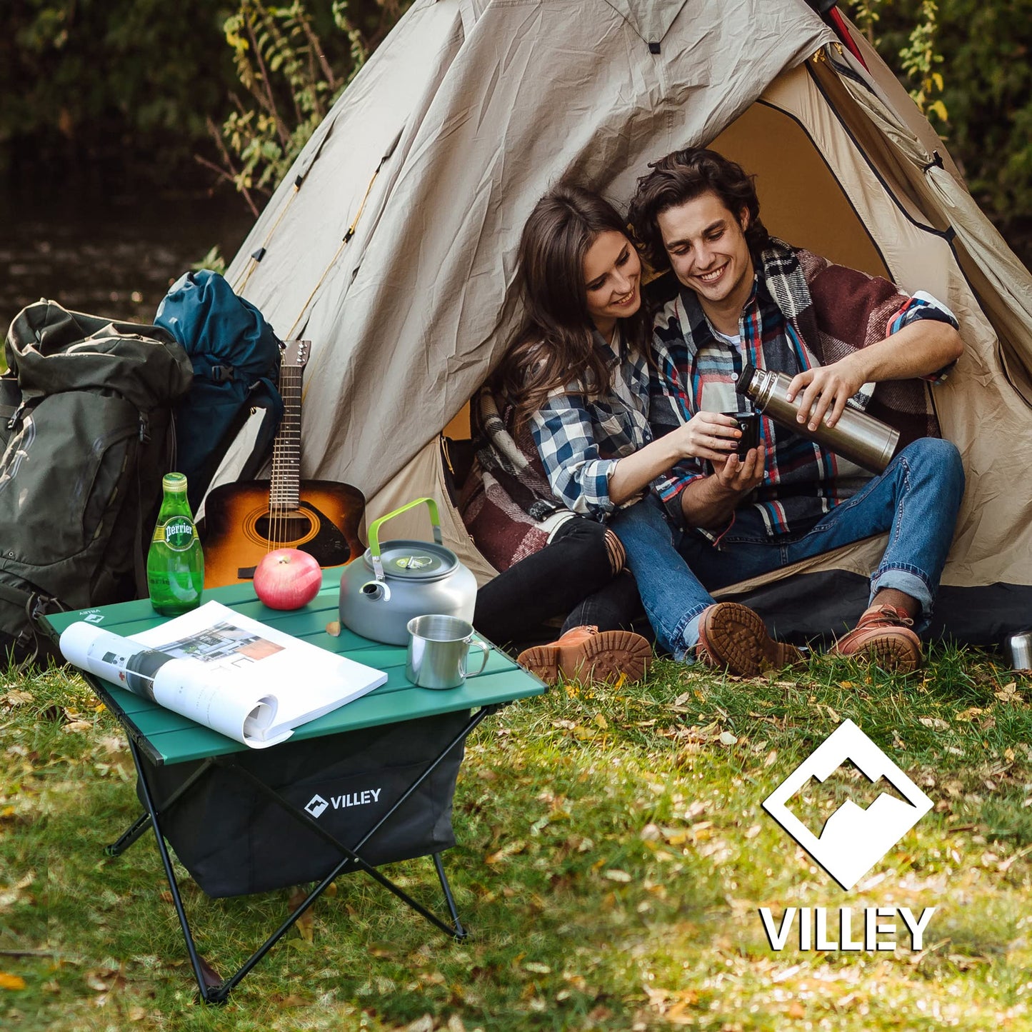 VILLEY Portable Camping Side Table, Ultralight Aluminum Folding Beach Table with Storage and Carry Bag for Camp, Picnics, Travel, and Outdoor Activities - Medium