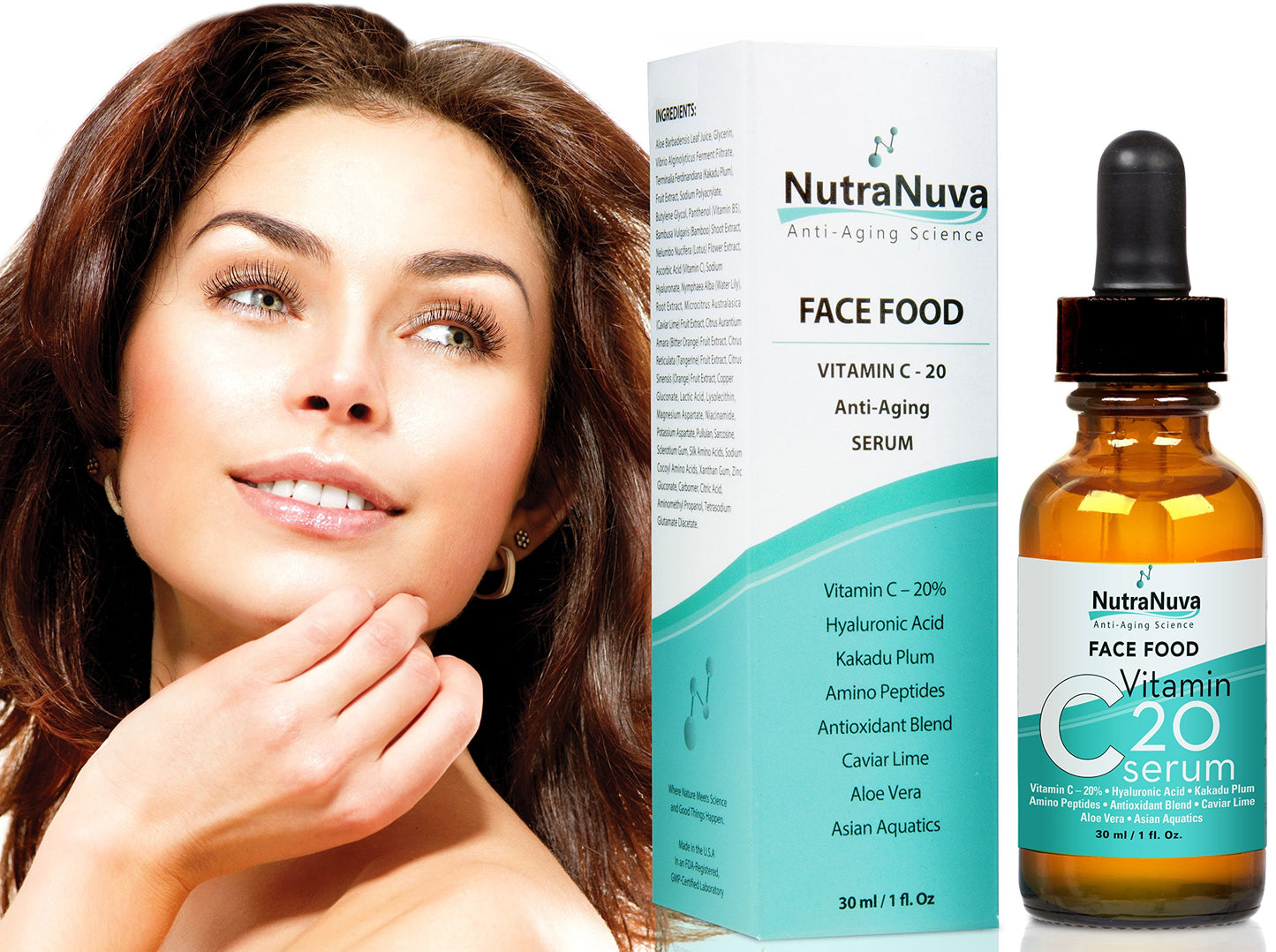 NutraNuva Face Food Anti Aging Natural 20% Vitamin C Serum Complex VEGAN Formula, Kakadu Plum, Hyaluronic Acid, Peptides, Aquatic Plants, Aloe and more for Wrinkles, Age Spots, Collagen,1 fl. Oz