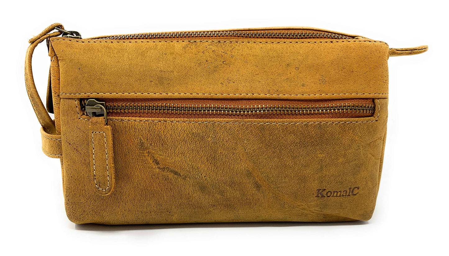 KomalC Premium Buffalo Leather Unisex Toiletry Bag Travel Dopp Kit (Distressed Yellow Tan)