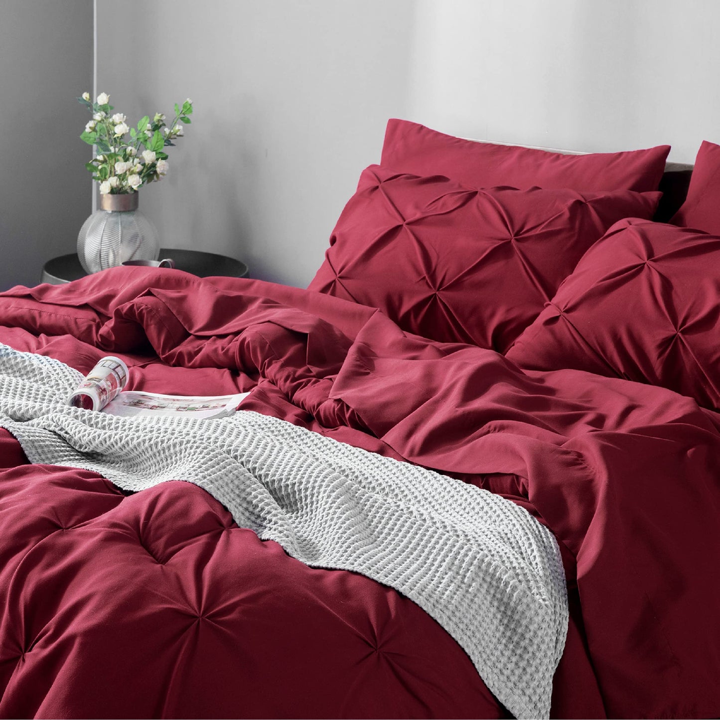 Bedsure Twin Comforter Set with Sheets - 5 Pieces Twin Bedding Sets, Pinch Pleat Burgundy Twin Bed in a Bag with Comforter, Sheets, Pillowcase & Sham