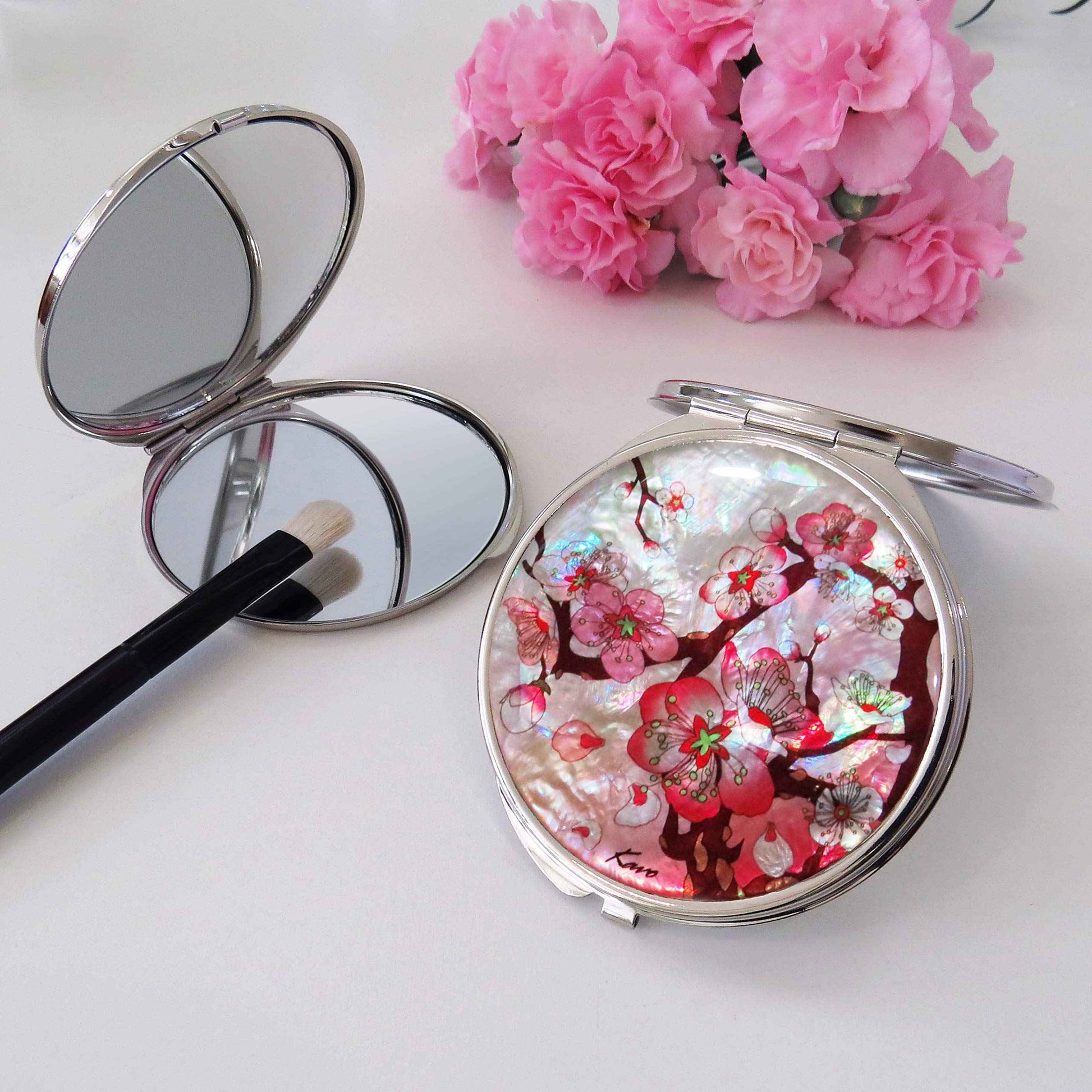 MADDesign Mother of Pearl Pink Makeup Mirror Compact Folding Magnify Apricot Tree Flowers Design