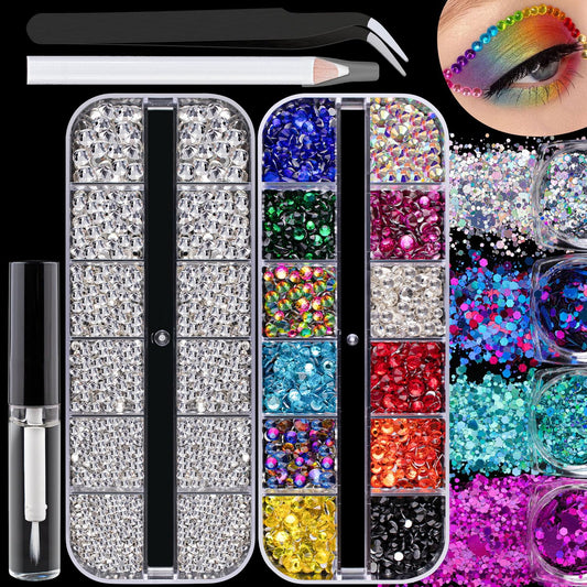 3500pcs Face Gems for Makeup with Glue, 2-5mm Round Glass Crystal Clear + Mixed Color Iridescent Chameleon Rhinestones & 4 Colors Cosmetic Chunky Glitter with Tools, Eye Jewels for Make-up, Nail Art