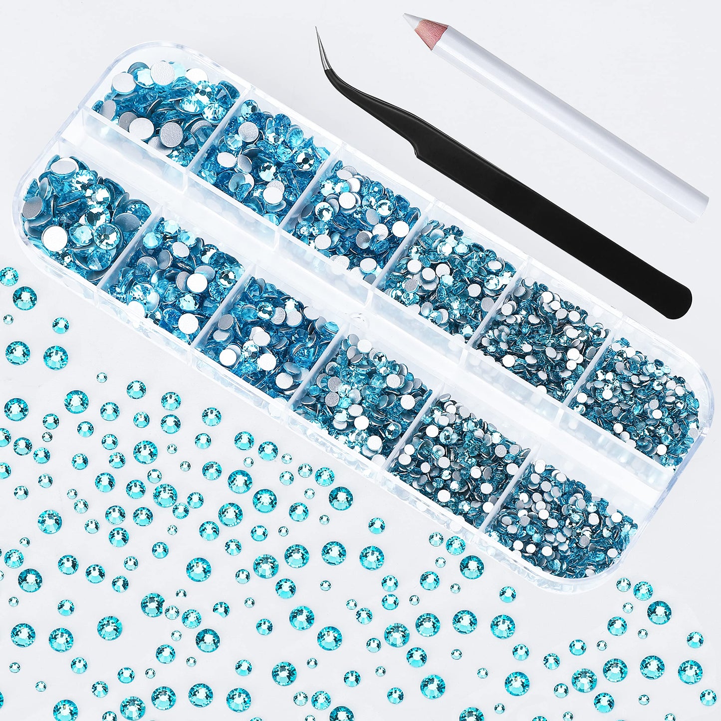 2400 Pcs Flatback Gems Rhinestones Round Crystal Nail Gems 6 Sizes (1.5-4.8 mm) Nail Jewels Glass Diamonds Stones Kit with Tweezers and Picking Pen, for Nail Art DIY Craft Eye Makeup (Aquamarine)