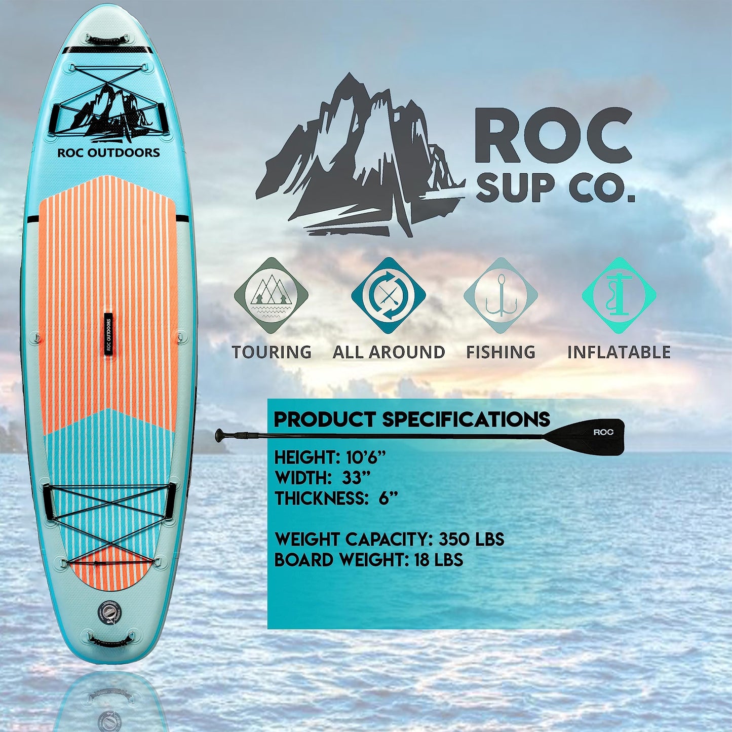 Roc Inflatable Stand Up Paddle Boards 10 ft 6 in with Premium SUP Paddle Board Accessories, Wide Stable Design, Non-Slip Comfort Deck for Youth & Adults (Cloud w/Kayak Seat)