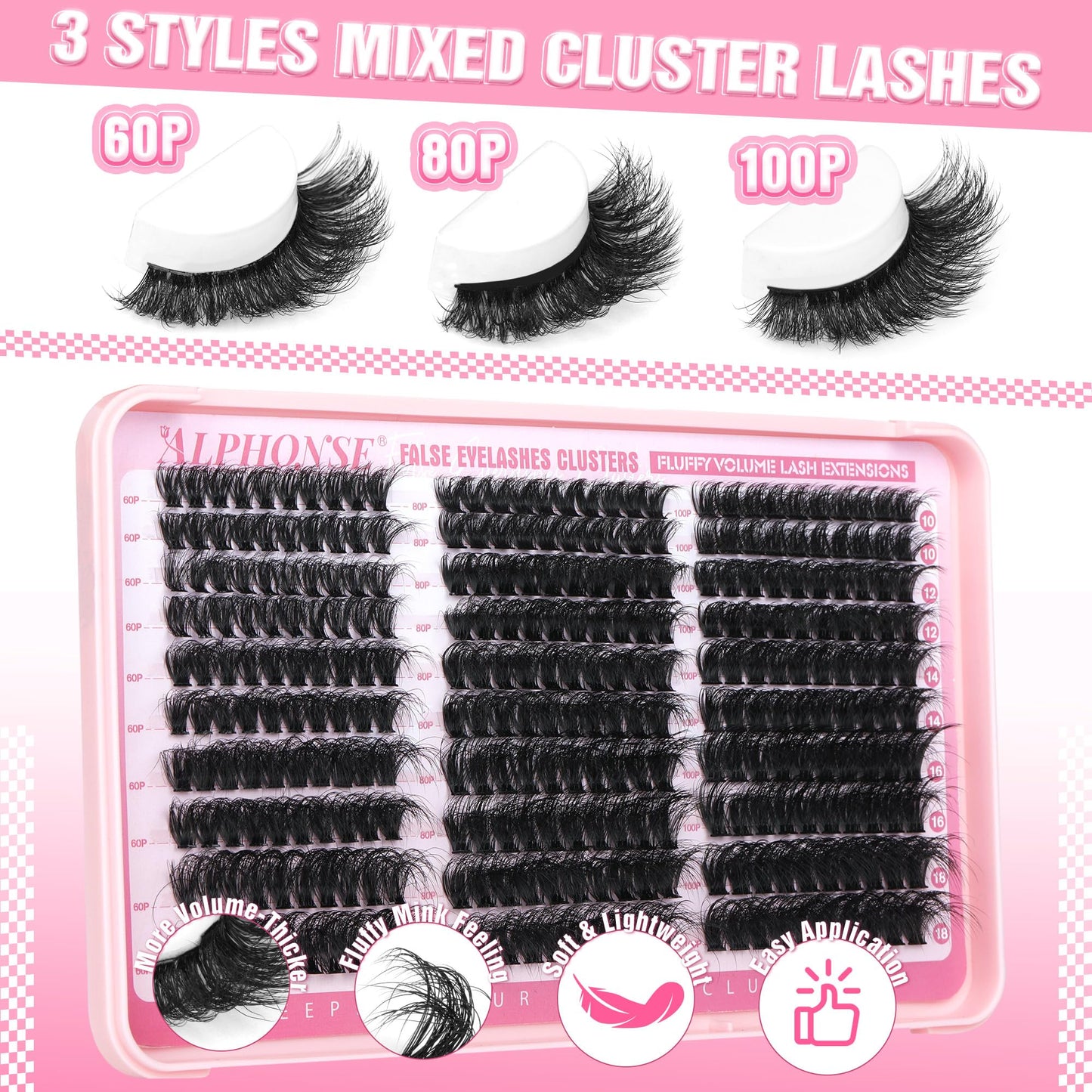 Fluffy Lash Clusters Kit 300pcs DIY Lash Extension Kit 60D+80D+100D Individual Lashes D Curl 10-18mm Cluster Eyelash Extensions Kit with Lash Bond and Seal and Tweezers by ALPHONSE