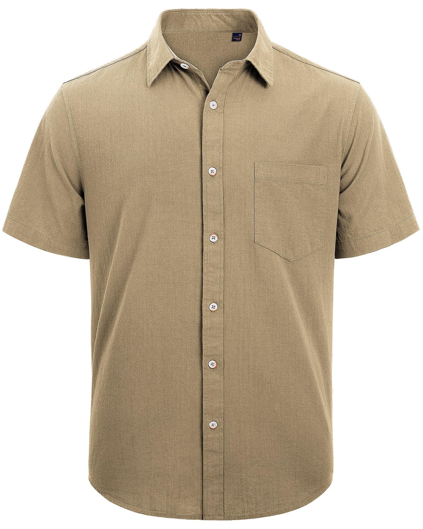 J.VER Men's Linen Cotton Button Down Shirt Lightweight Casual Wedding Short Sleeve Shirt Summer Beach Top with Pocket Dark Khaki Medium