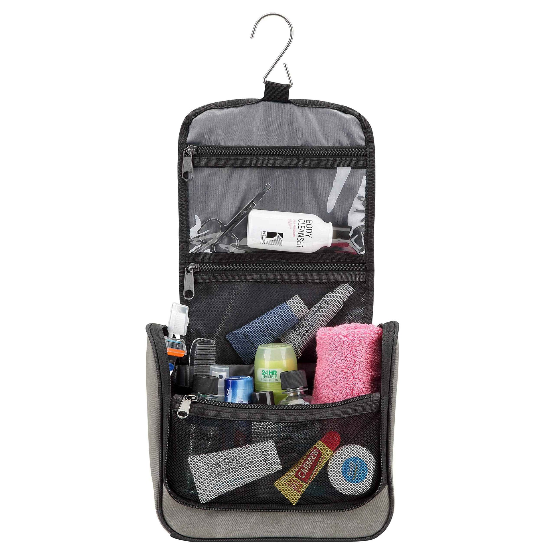 Lewis N. Clark Brushed Twill Hanging Toiletry Kit Bag for Travel Accessories, Shampoo, Cosmetics + Personal Items, Gray