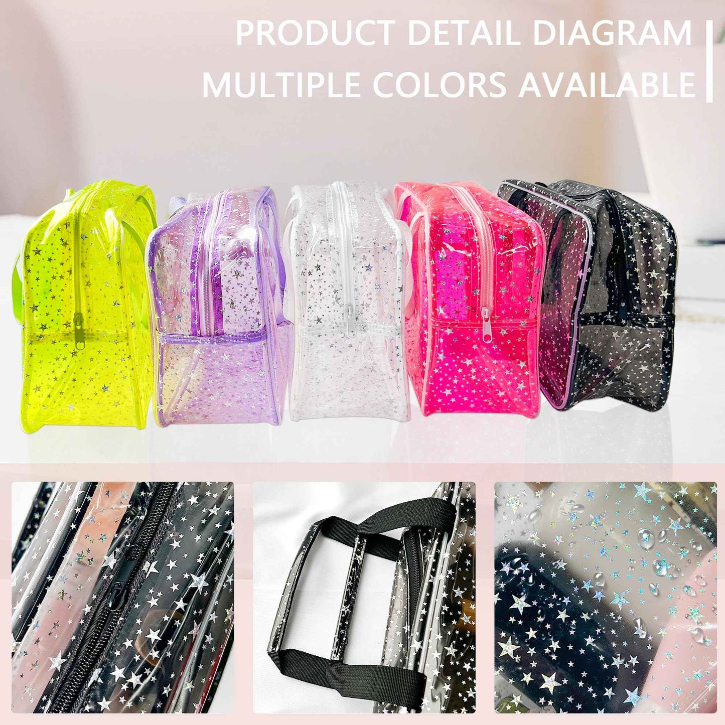 TotePrint Hot Pink Star Large Cosmetic Bag 12x5x8 inch Travel Pouch with Handle,Durable PVC Material,Zipper Design-Ideal for Makeup,Travel Essentials