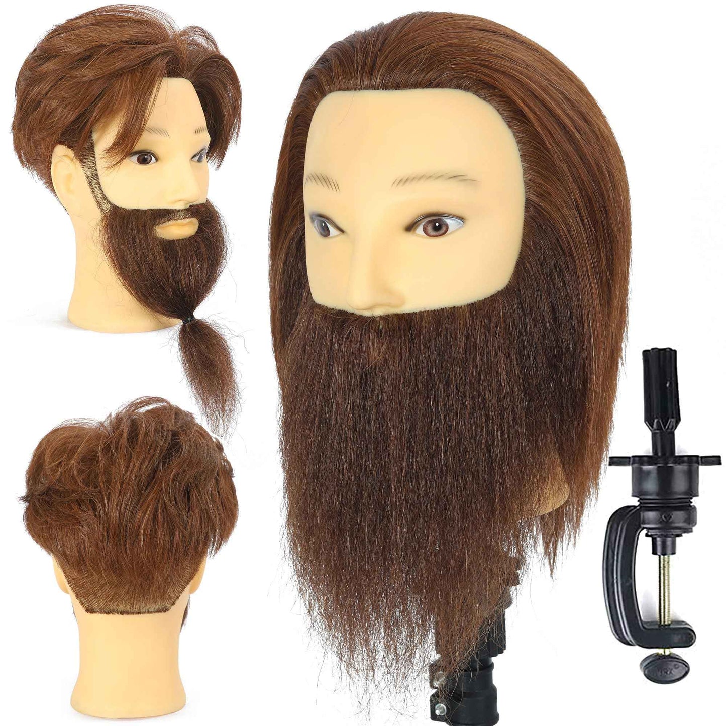 TKIMHEQ Male Mannequin Head with Beard 100% Human Hair Haircut Training Head for Cosmetology Straight Thick Hair Manikin Head Doll Head with Stand Practice Cutting Styling (6 Inches Beard Brown#)