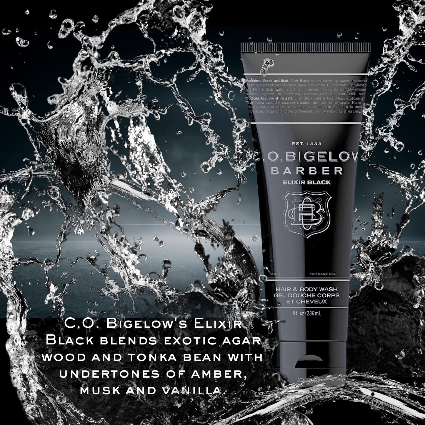 C.O. Bigelow Men's Hair and Body Wash, Elixir Black, No. 1605, 8 fl oz, Mens Body Wash & Shampoo, Musk & Vanilla Moisturizing Mens Shampoo & Body Cleanser, Pack of 2