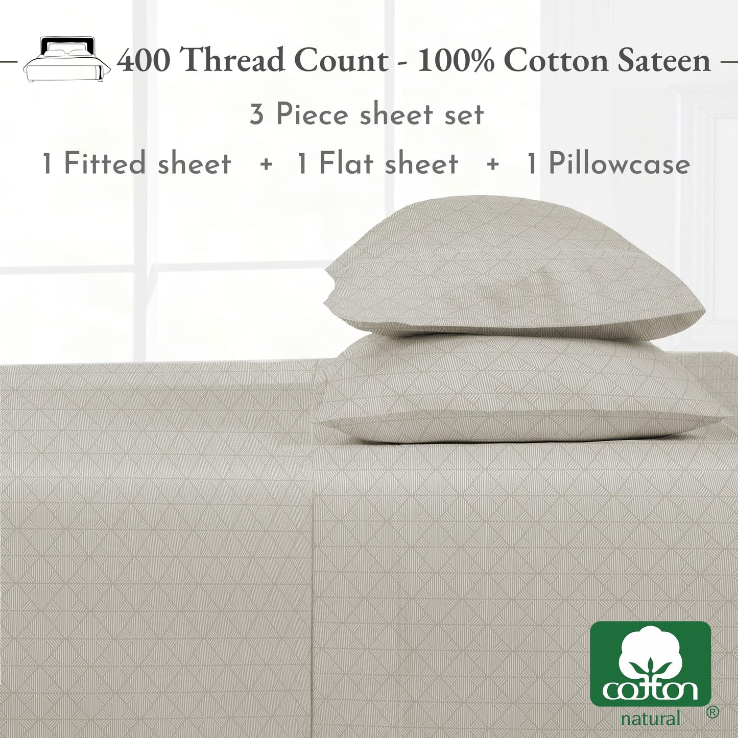 California Design Den Twin Size Sheet Set, 400 Thread Count, 100% Cotton Sateen 3 Pc Deep Pocket Twin Sheets & Pillowcase Set (Taupish-Sage Crosshatch)