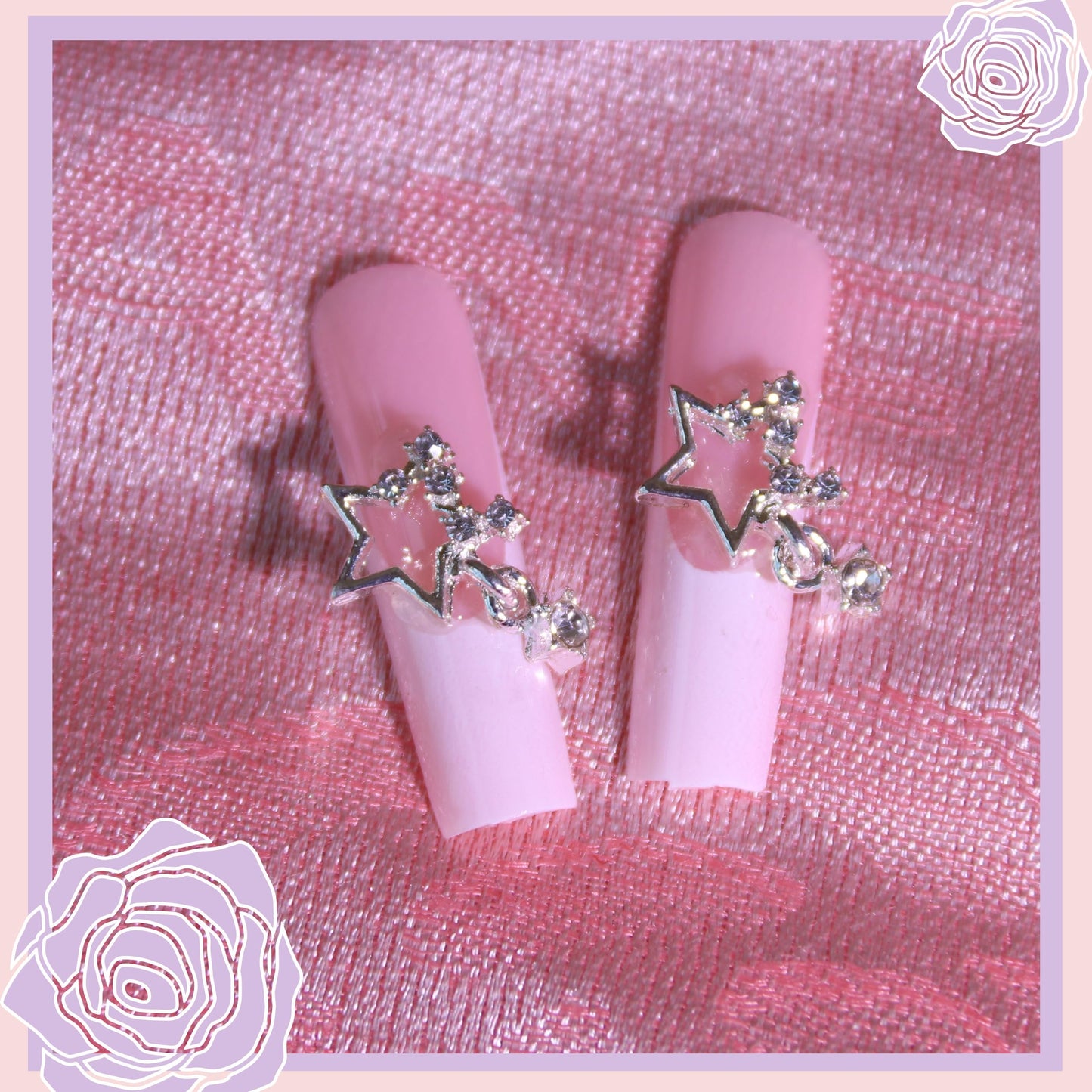 Pink Press on Nails Kit French Tip Nails Press Ones Charms Gems Star Pearl Long Rhinestone Pearl Fake Nails Artificial Coffin Gel Like Glossy 3D Bowknot False Nail Manicure for Women and Girls