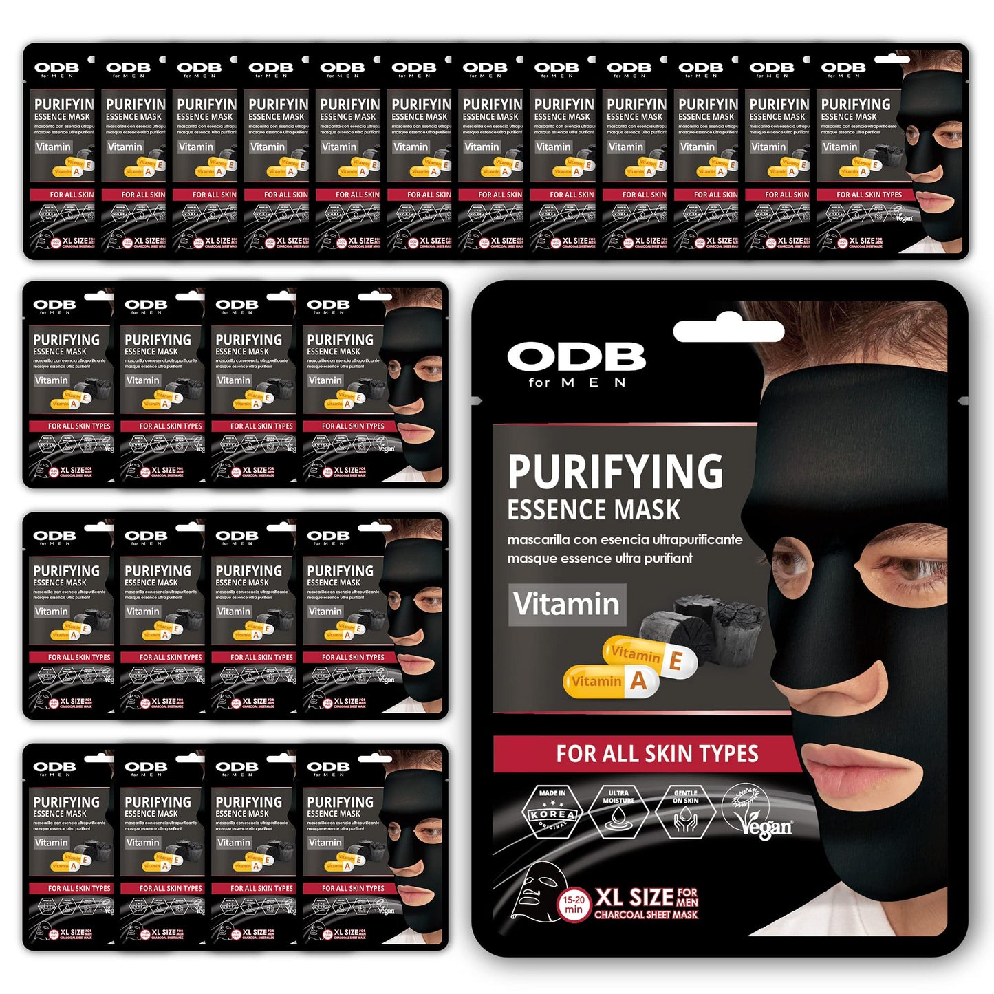 ODB for MEN Charcoal Essence Sheet Mask 24 PK Hydrating Aloe & Purifying Vitamin Mens Skin Care Sheet Masks for Face Mens Skin Care Kit Bulk Face Masks Skincare (Purifying (24pk) - XL Size)