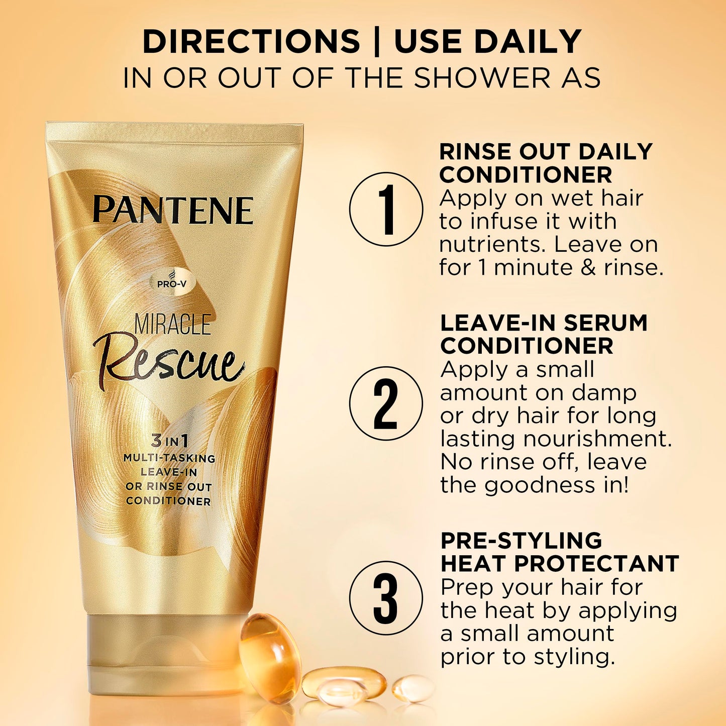 Pantene Miracle Rescue 3 in 1 Leave In Conditioner, Rinse off Conditioner, Heat Protectant for Hair, Detangler, Anti Frizz, Moisturizing, For All Hair Types, Safe for Color Treated Hair, 6.0 fl oz